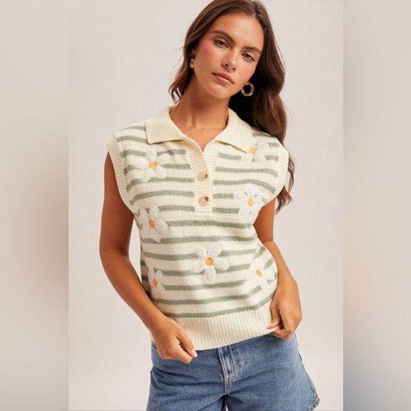 Hem & Thread Tops - Hem & Thread Striped Sweater Vest with Daisy Accents